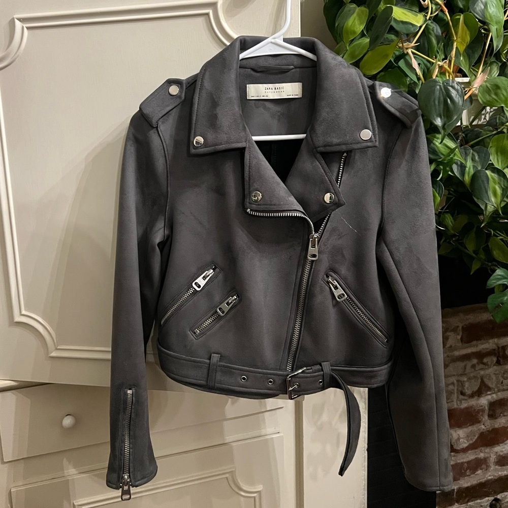 Zara Basic Grey Suede Moto Jacket Small - image 2